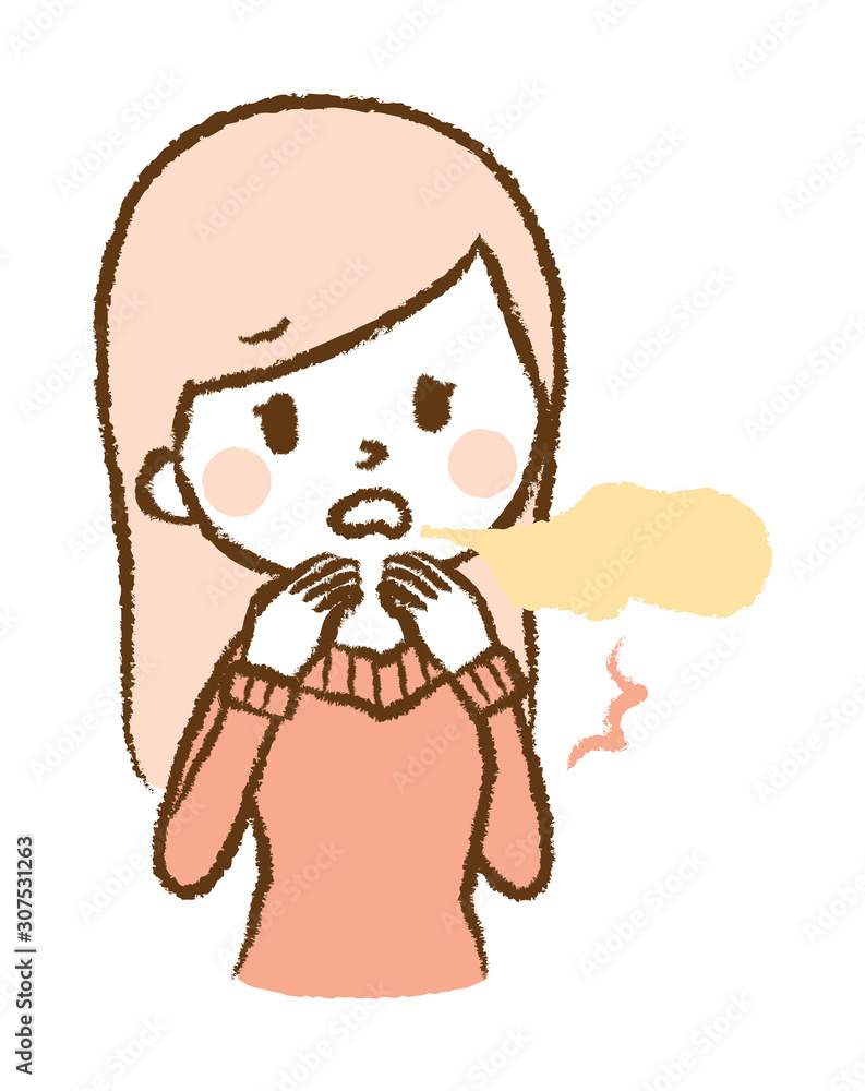 Illustration of a woman surprised by bad breath Illustration of a woman surprised by bad breath