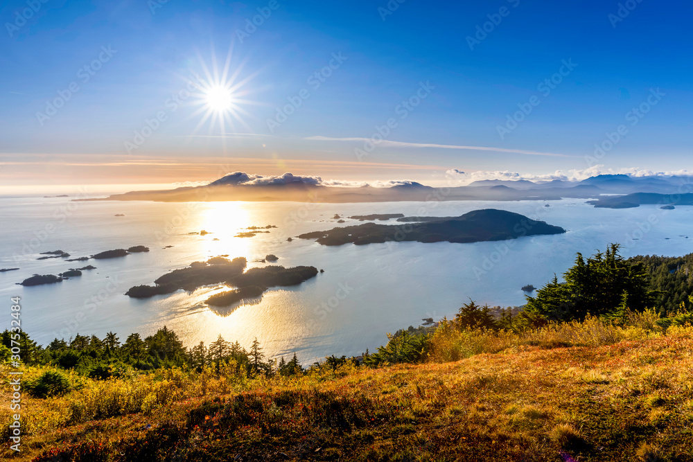 Sunset over Ocean, islands, harbor, hill, view,