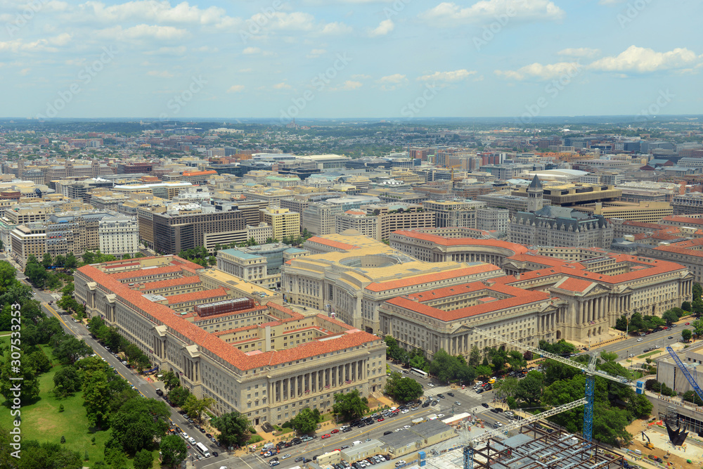 US Commerce Department, Andrew W Mellon Auditorium, Ronald Reagan Building and Old Post Office in Federal Triangle aerial view from the top of Washington Monument, Washington, District of Columbia DC,