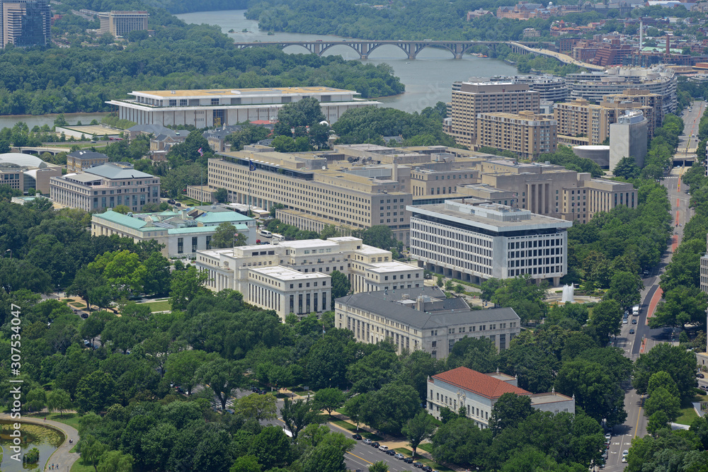 National Academy of Sciences, Federal Reserve Building, and South Interior Building aerial view from top of the Washington Monument in Washington, District of Columbia DC, USA.