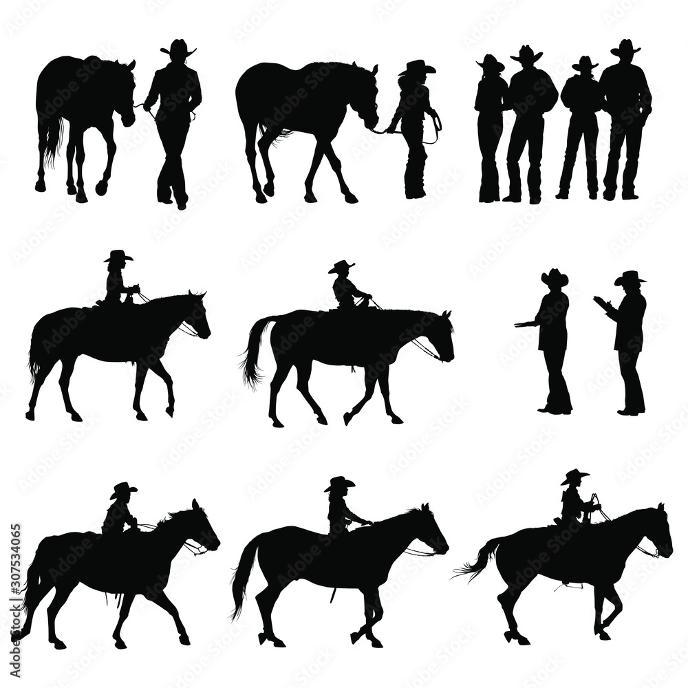 Vector silhouettes of boys & girls riding horses in a 4H horse show