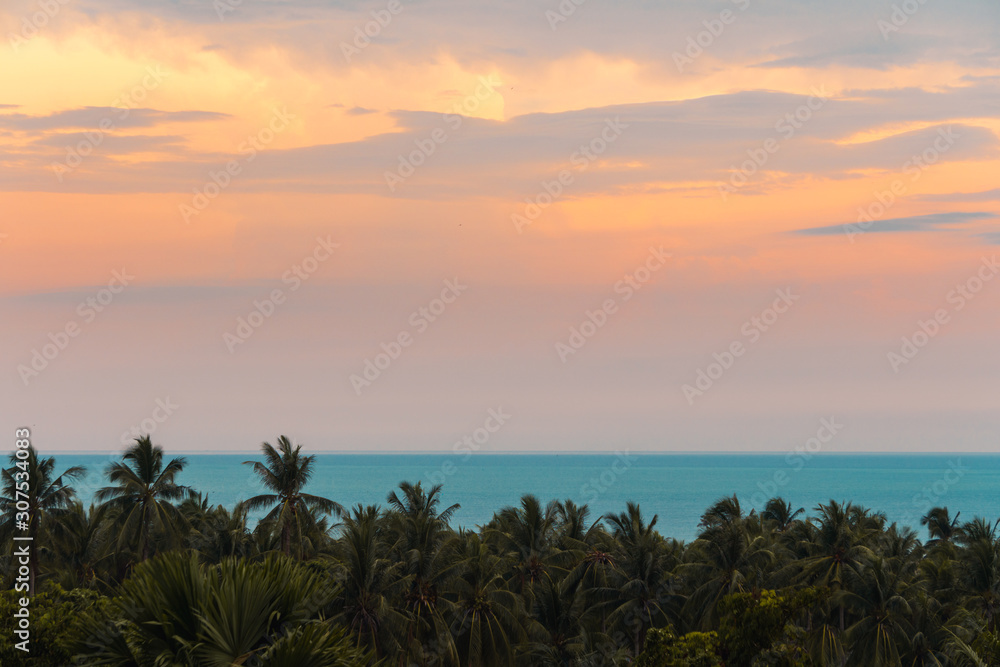  Spectacular dawn sky over sea and coconut palms on a tropical island 