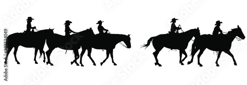 Vector silhouettes of young boys & girls riding horses