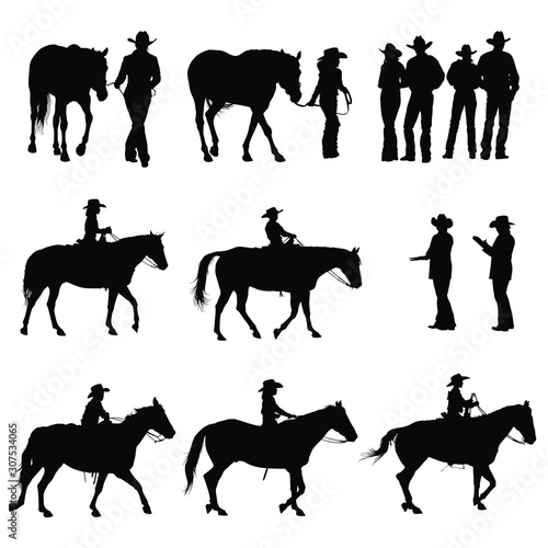 Vector silhouettes of boys & girls riding horses in a 4H horse show.