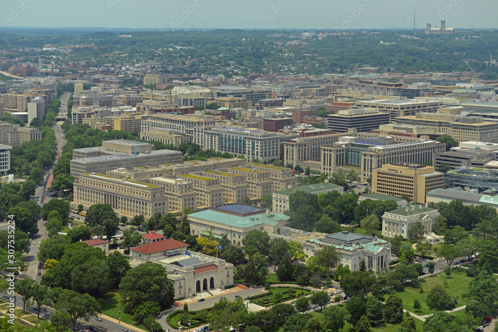 US Department of Interior Building aerial view from top of the Washington Monument in Washington, District of Columbia DC, USA.
