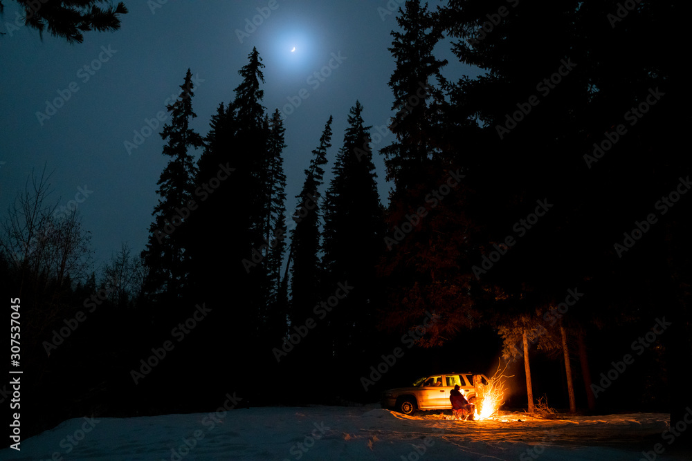 People camping under starry sky near campfire in winter in remote landscape in  Canada - obrazy, fototapety, plakaty 