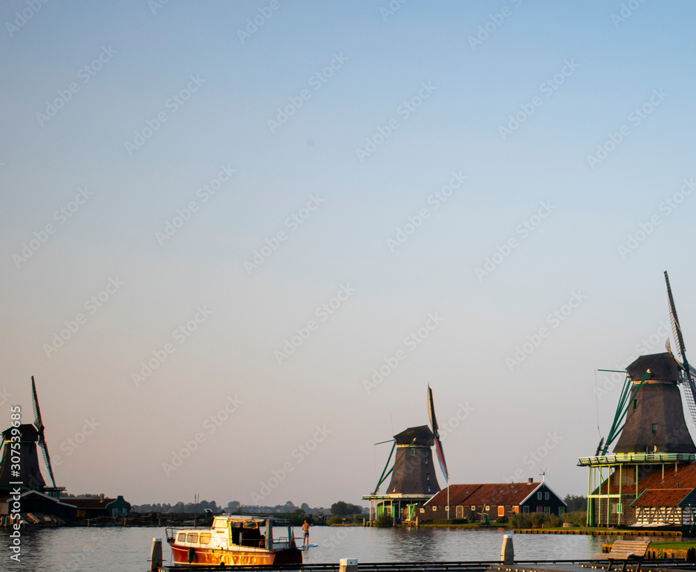 Windmills and lake zaanse schans in holland