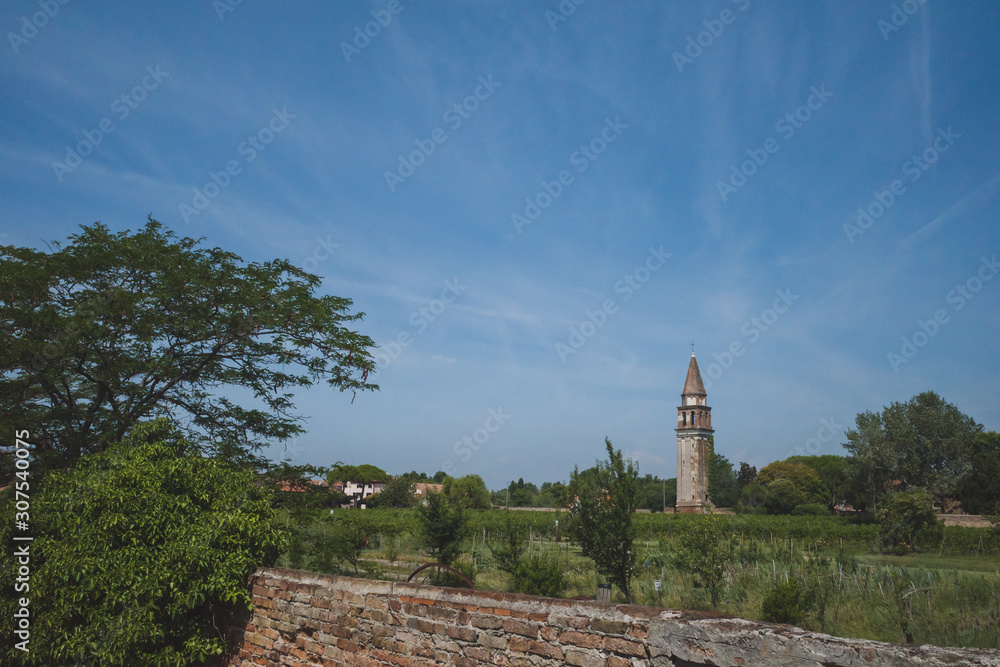 Tower by vineyard on island of Mazzorbo, by Burano, Venice, Italy