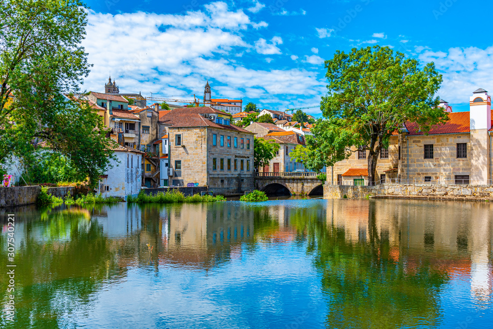Old buildings in Viseu reflected on a local creek, Portugal - obrazy, fototapety, plakaty 