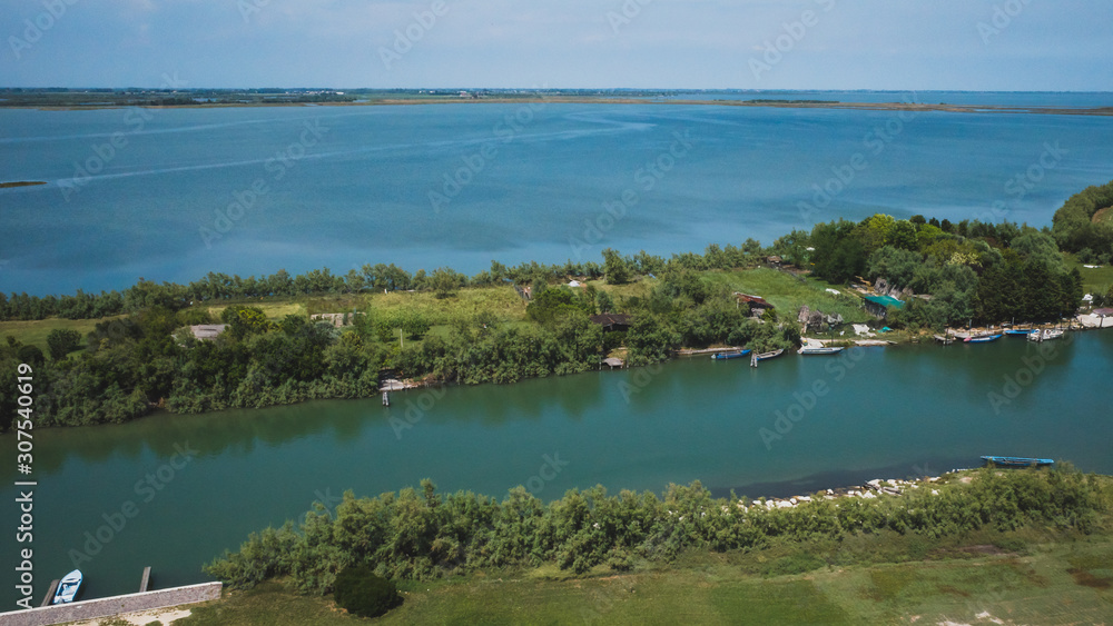 View of island of Torcello and lagoon, from bell tower of Cathedral of Santa Maria Assunta, Torcello, Venice, Italy
