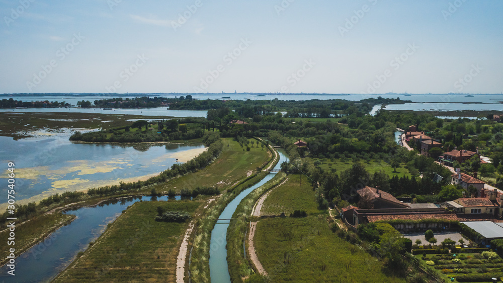 View of island of Torcello and lagoon, from bell tower of Cathedral of Santa Maria Assunta, Torcello, Venice, Italy