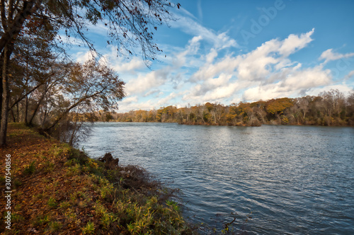 A wide-angle view of the Catawba river in the fall. © Joe