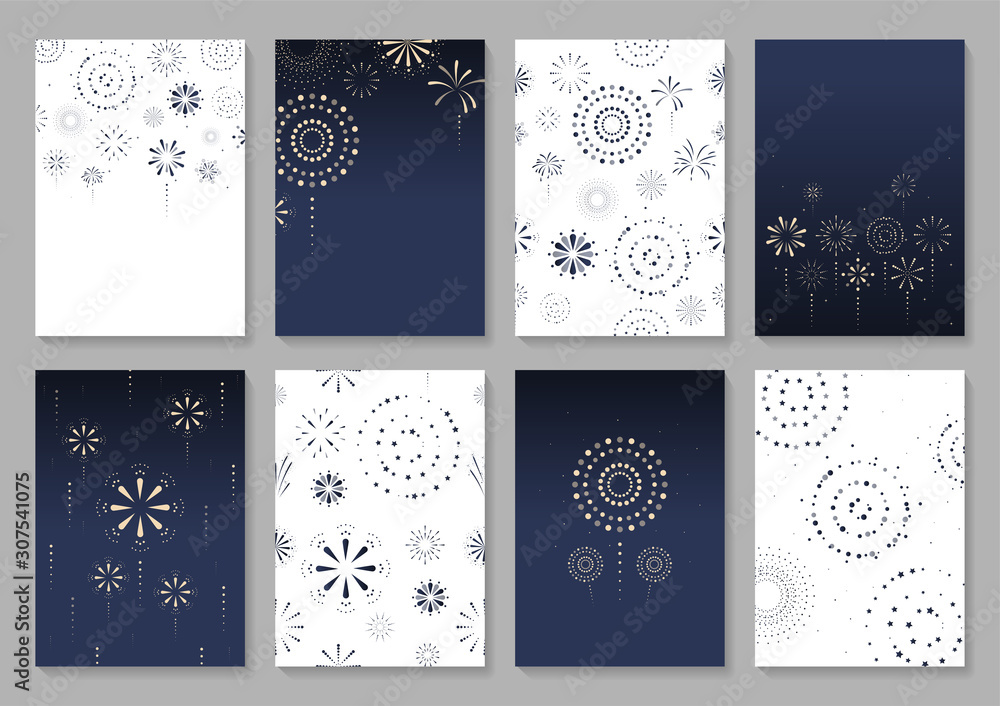 Set of greeting card decorated with fireworks. Cartoon style. White and dark blue background. Vector illustration.