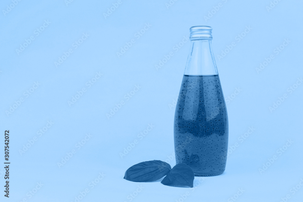 Classic blue basil seed drink. Trendy 2020 color concept. Stock Photo Adobe Stock