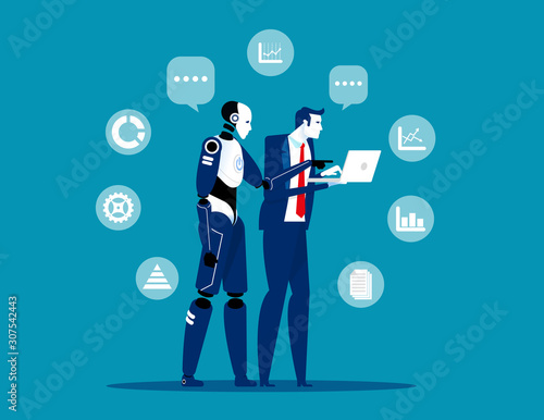 Robot and human working at office. Concept business artificial intelligence technology vector illustration, Human interactive tech interaction