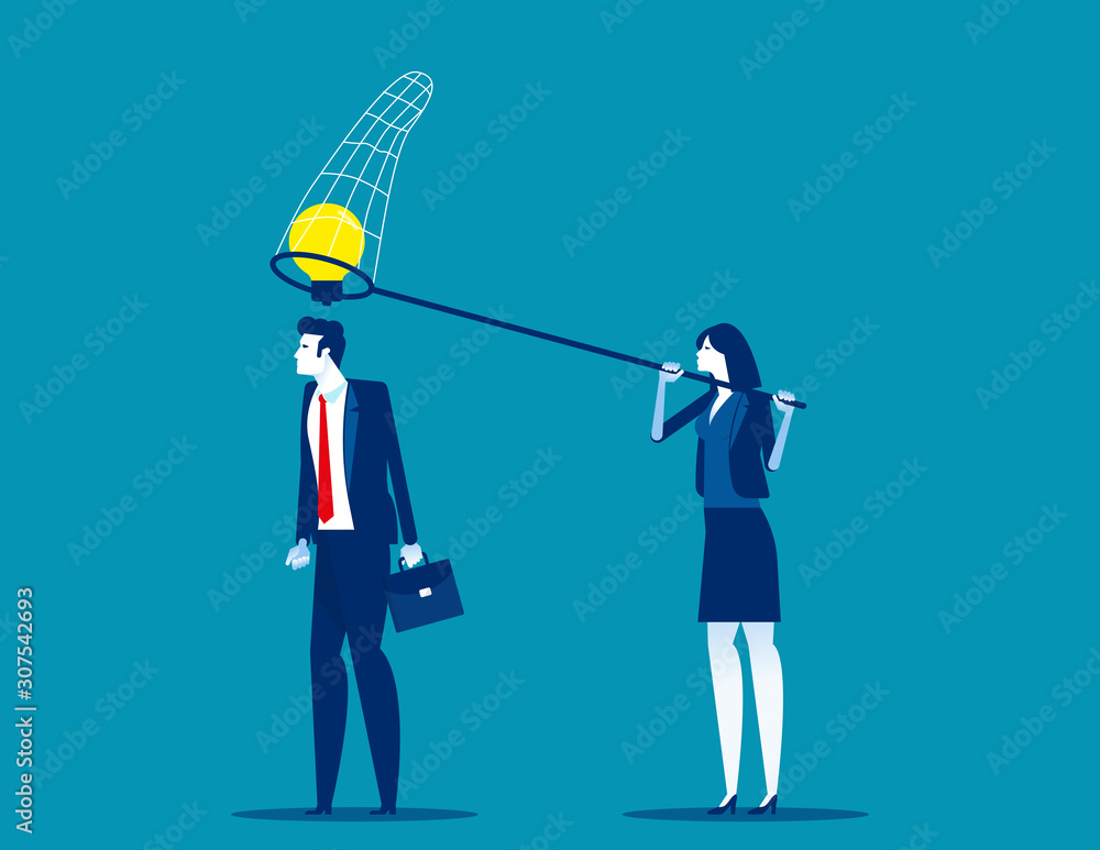 Thief business partner steals ideas for thinking colleague. Concept business plagiarism vector illustration