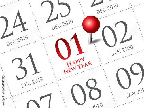 Close up of first day of the year 2020 on diary calendar.