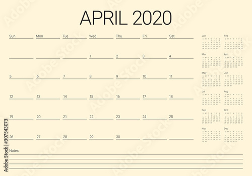 April 2020 desk calendar vector illustration