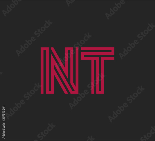 Initial two letter red line shape logo on black vector NT