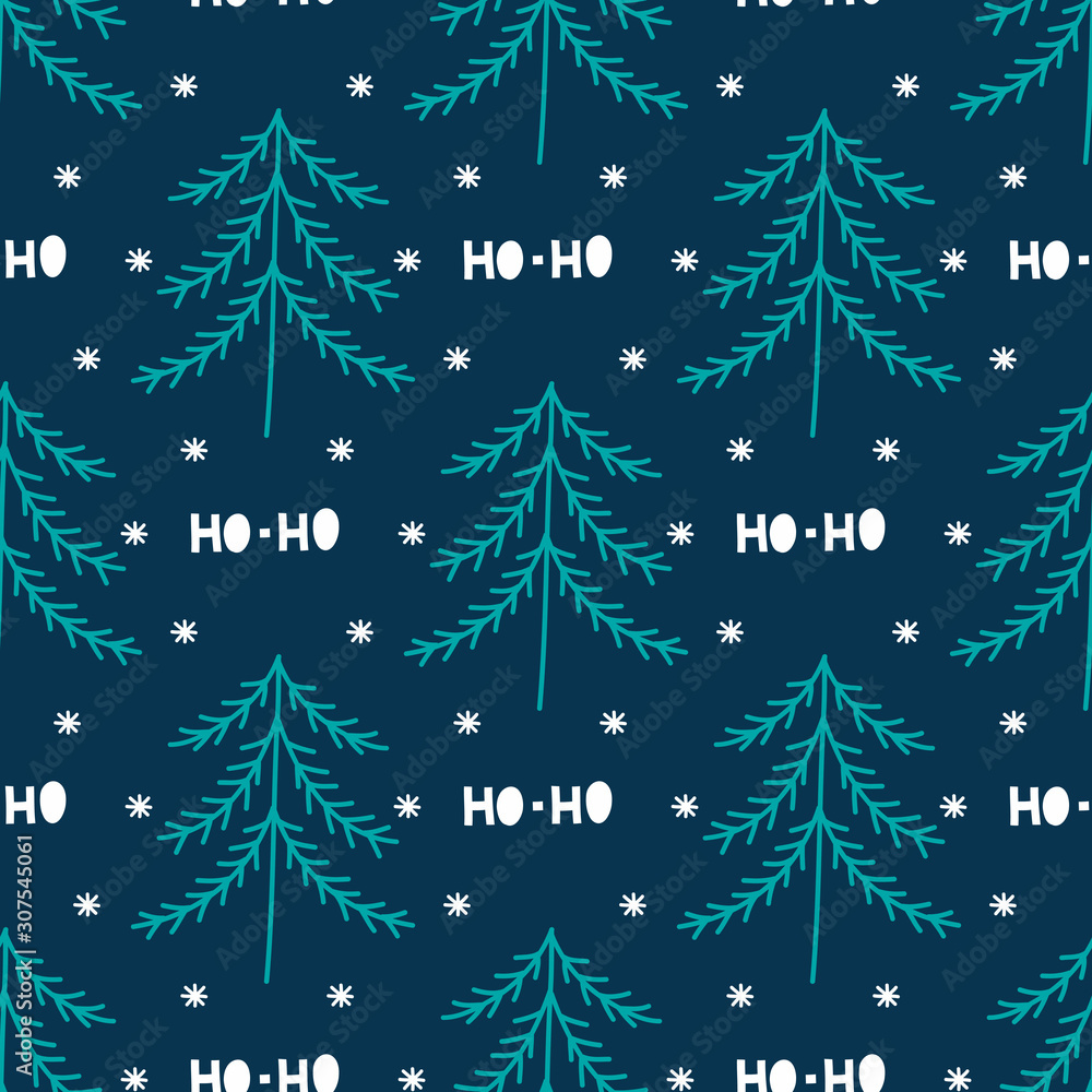 Tree and snowflakes vector pattern background doodle, Scandinavian hand drawn illustration.