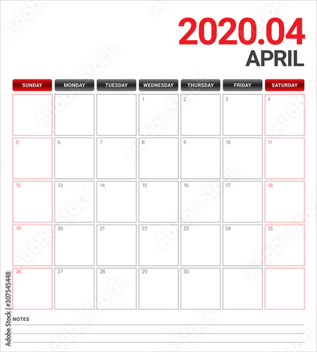 April 2020 desk calendar vector illustration