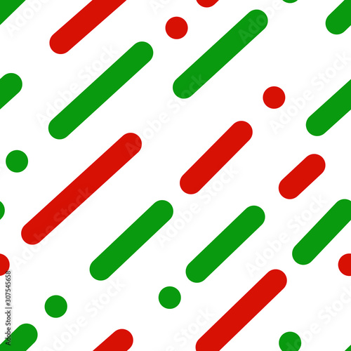 Hand drawing. Seamless pattern. Abstract green and red line with polka dot on white background. Holiday, Merry Christmas and Happy New Year. Season greeting. Can be use decorate for any card, print.