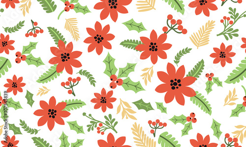 Floral pattern christmas background, red flower perfect blooms.