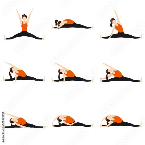 Side seated wide angle yoga asanas set/ Illustration stylized woman practicing parsva upavistha konasana variations
