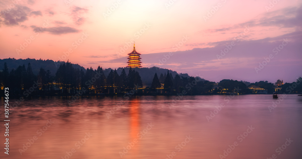 Beautiful architectural landscape of West Lake in Hangzhou at night..