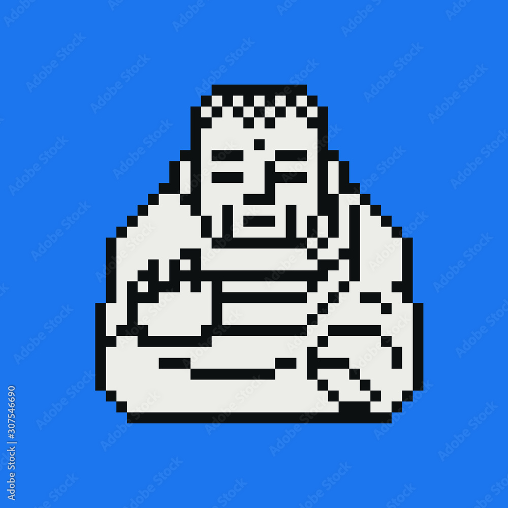 Obraz premium Buddha icon. Pixel art style. Buddhist monk dressed in traditional religious clothing. Summer vacation. Male pixel art character isolated vector illustration. Design for web, stickers, logo, app.