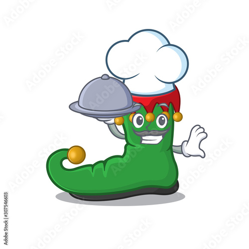 smiling elf shoes as a Chef with food cartoon style design photo