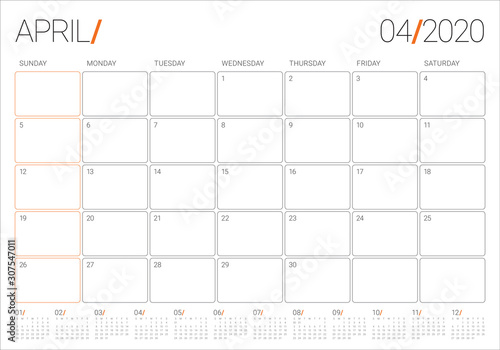 April 2020 desk calendar vector illustration