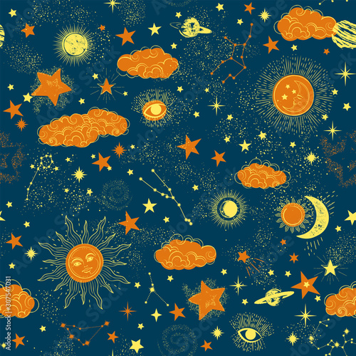 Space Galaxy constellation seamless pattern print could be used for textile, zodiac star yoga mat, phone case