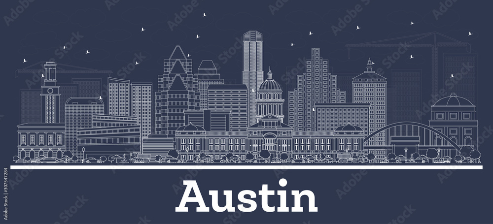 Outline Austin Texas City Skyline with White Buildings.