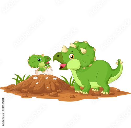 Mother triceratops with baby hatching