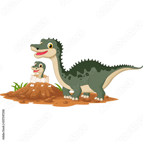 Mother dinosaur with baby hatching