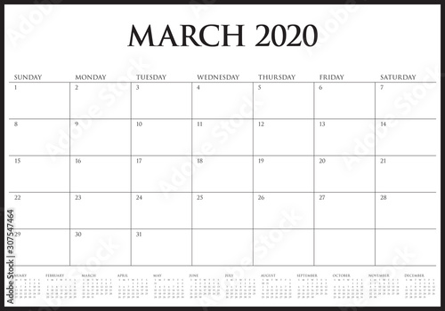 March 2020 desk calendar vector illustration