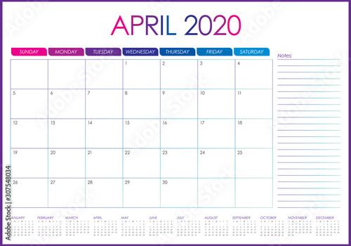 April 2020 desk calendar vector illustration