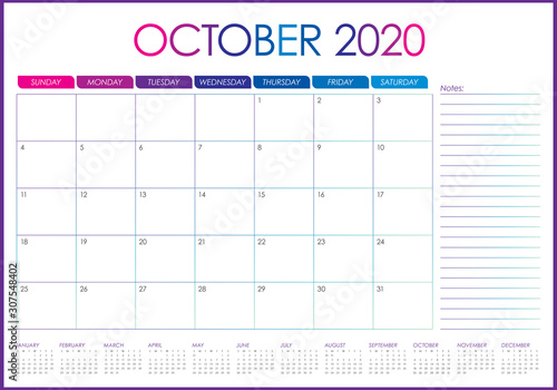 October 2020 desk calendar vector illustration