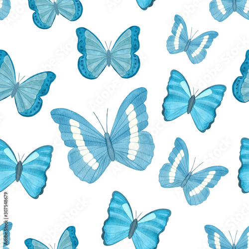Watercolor blue butterfly seamless pattern for spring, summer season. Colorful butterfly design for covers, fabric, textile. Butterfly background for children's wear. © Tanya Trink