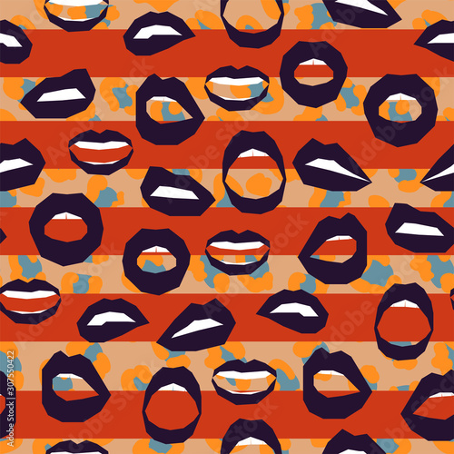 Seamless pattern with dark female lips on a striped leopard background. Aggressive, passionate punk rock background from the 90s.