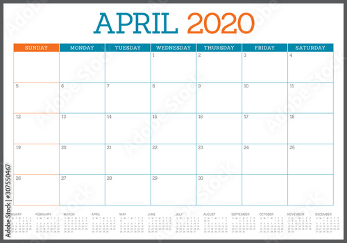 April 2020 desk calendar vector illustration