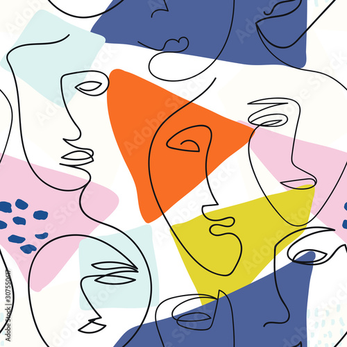 Modern one line face seamless pattern with abstract background. For fabric, cards, print. Bright, rich colors. Women's faces.
