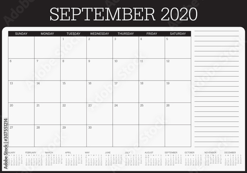 September 2020 desk calendar vector illustration