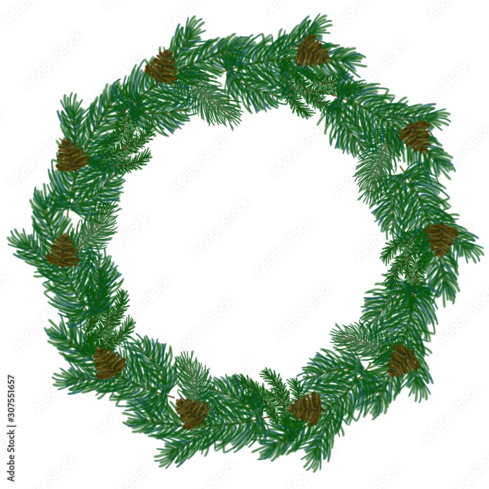 Fototapeta premium Pine greenery winter wreath watercolor 