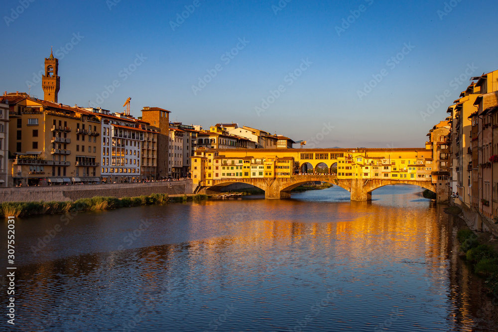 Ponte Vecchio and Arno River at Sunset in Florence Italy