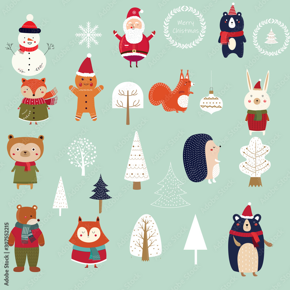 Christmas Illustration, Cute North Pole Vector Set, Santa and Cute Holiday Design Elements