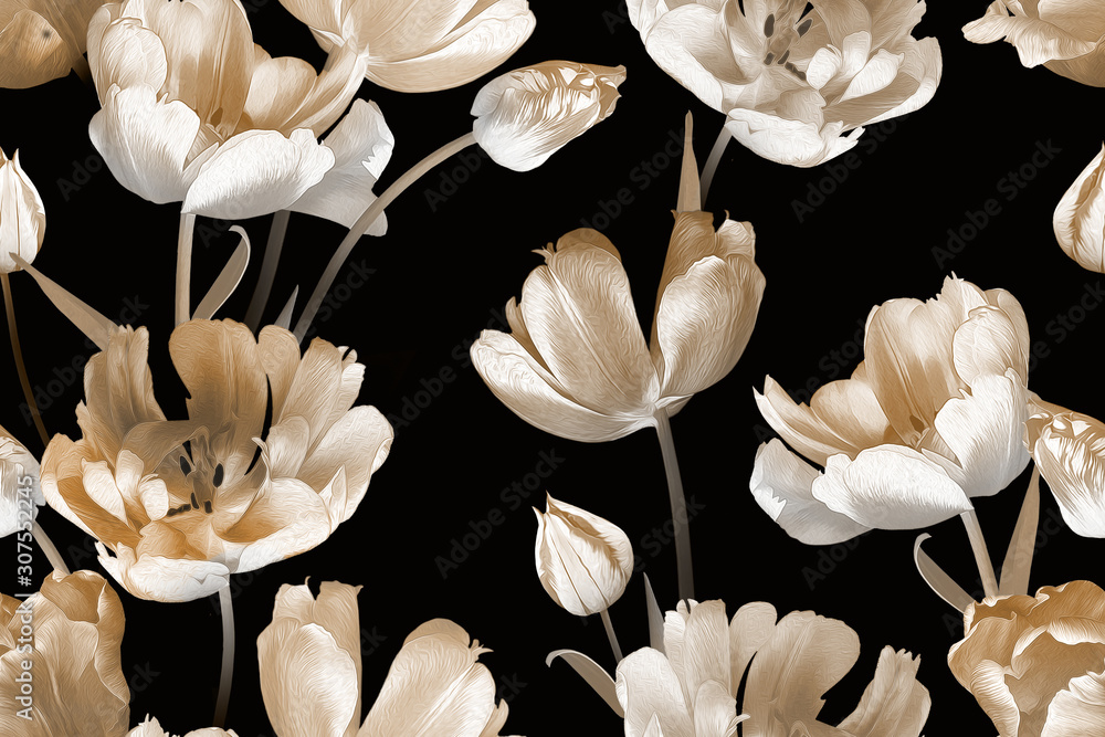 Fototapeta Piękny wzór białych tulipanów na czarnym tle. 
