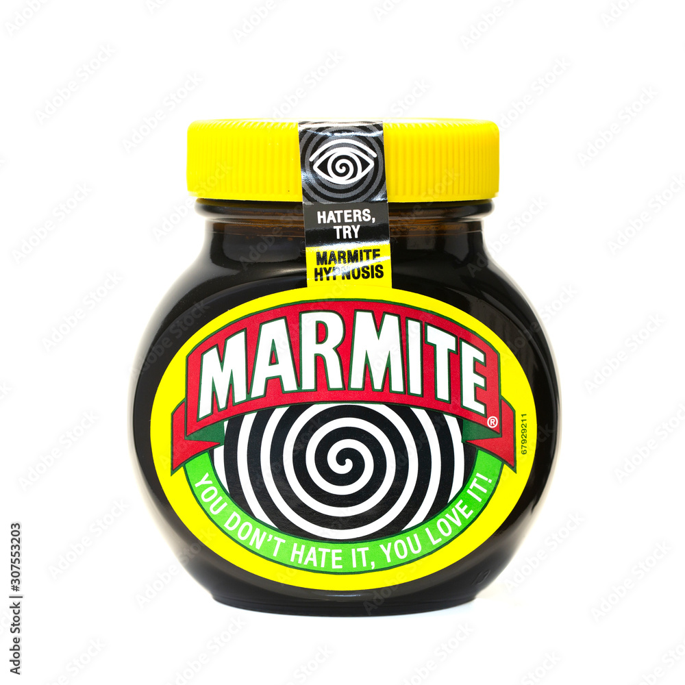 Jar of Hypnosis Marmite on a white background, You dont hate it , You love  it Stock Photo | Adobe Stock