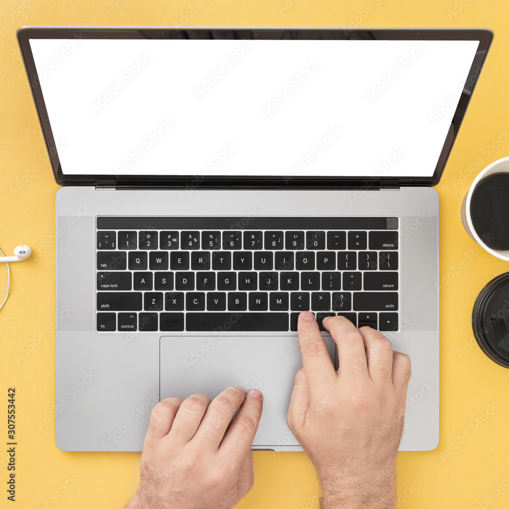 Working process photo Man typing laptop top view Working process photo Man typing laptop top view